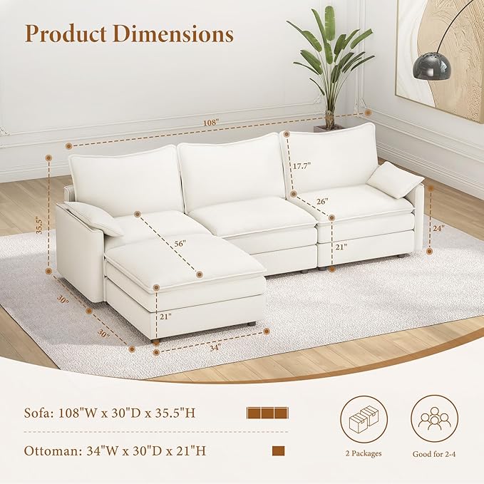 Vesgantti 108" Modular Sectional Sofa, Comfy Cloud Couch with Movable Ottoman Deep Seat Chenille L Shaped Modular Sofa, Sectional Couches for Living Room, Bedroom and Apartment, Snow White