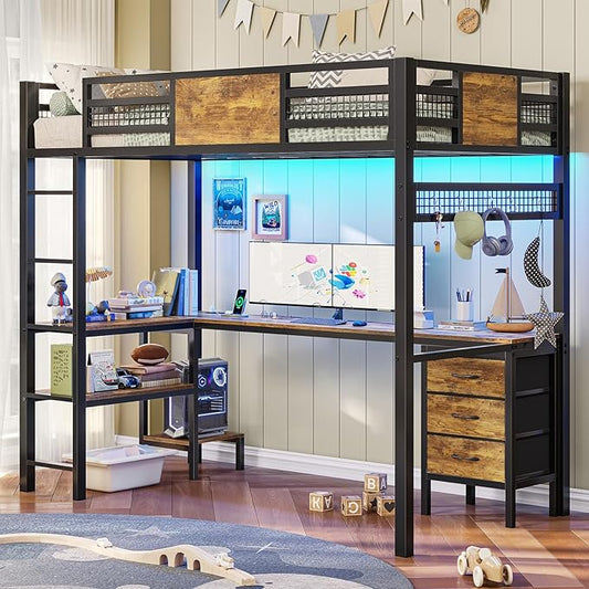 ADORNEVE Loft Bed Twin Size with L-Shaped Desk, LED Lights,Charging Station, Twin Metal Loft Bed Frame with Fabric Drawers & Shelve, 13.4" H Safety Guardrail, No Box Spring Needed, Rustic Brown