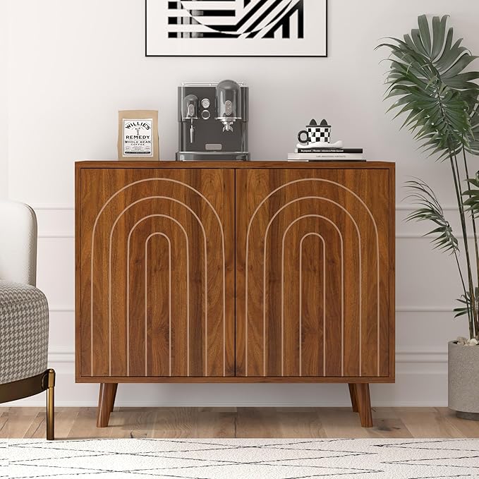 Accent Cabinet with Carving Lines, Modern Buffet Sideboard with Adjustable Shelves, Decorative Storage Cabinets for Bedroom Living Room Kitchen Office and Hallway (Walnut, 1)
