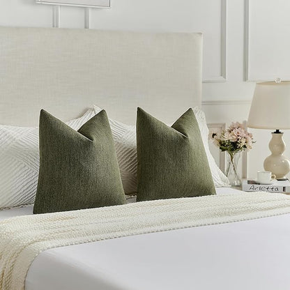 FUTEI Moss Green Chenille Decorative Throw Pillow Covers 18x18 Inch Set of 2,Soft Cozy Faux Linen Textured Cushion Case,Farmhouse Home Decor for Couch Living Room