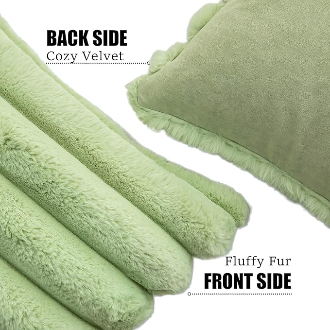 Neelvin Green Faux Fur Cozy Soft Striped Decorative Throw Pillow Covers 20x20 inch Set of 2,Velvet Pillowcase Cushion Case for Sofa Couch