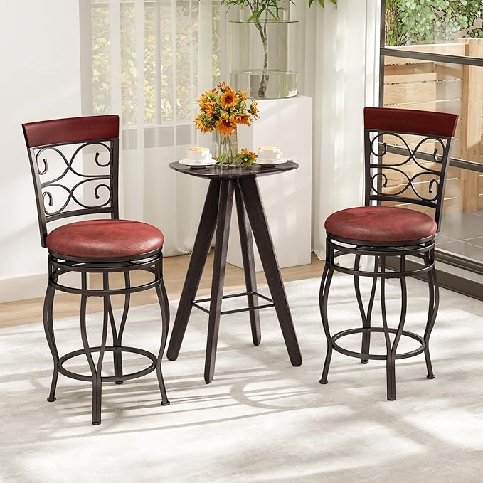 Giantex 26" Swivel Bar Stools Set of 4, Counter Height Bar Stools w/Back, Upholstered PU Leather Seat, Footrest, Max Load 330Lbs, Vintage Metal Barstools for Kitchen Island, Dining Room, Rustic Brown