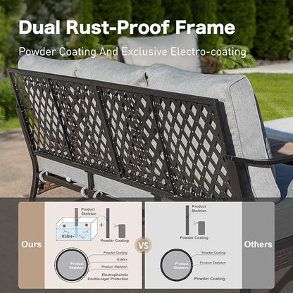 5 Piece Metal Outdoor Patio Furniture Set, Patio Conversation Set with 1 3-Seater Sofa, 2 Fixed Sofa with 5.75" Thick Cushion & Coffee Table, Black & Gray Backyard Furniture