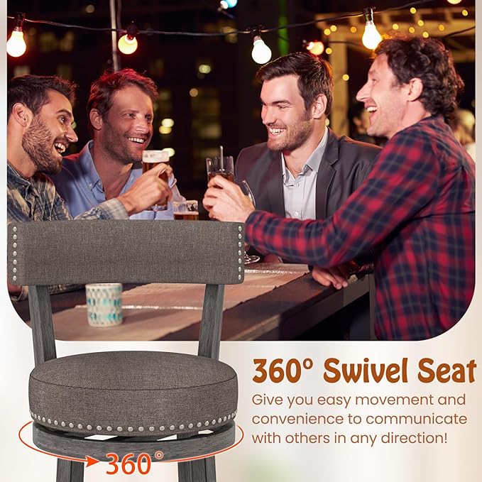 COSTWAY Bar Stools Set of 4, Upholstered Farmhouse Bar stools with Cushioned Seat & Backrest, Solid Wood Legs, Footrest, 31” Bar Height Swivel Stools for Kitchen Island, Pub (4, 31'' Seat Height)