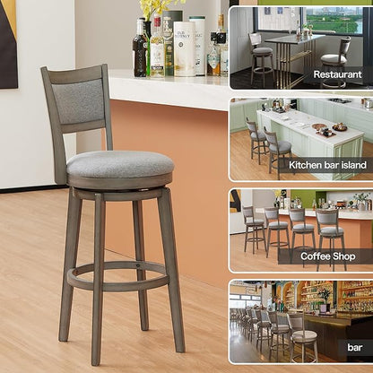 PrimeZone Swivel Bar Stools Set of 6, 30 Inch Bar Height Barstools, High Back Bar Stool with Solid Wood Legs & Wrap-Around Footrest, Counter Stools for Kitchen Island, Pub, Grey