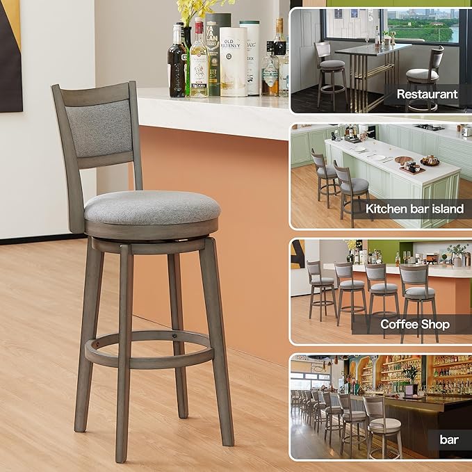 PrimeZone Swivel Bar Stools Set of 4, 30 Inch Bar Height Barstools, High Back Bar Stool with Solid Wood Legs & Wrap-Around Footrest, Counter Stools for Kitchen Island, Pub & Cafe, Grey