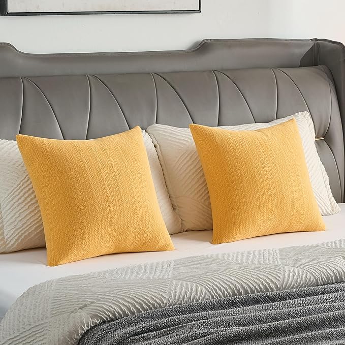 FUTEI Mustard Yellow Chenille Throw Pillow Covers 12x20 Inch Set of 2,Soft Striped & Diamond Textured Lumbar Pillow Cases,Modern Home Decor for Couch Living Room