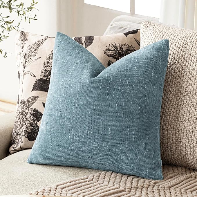 Foindtower Pack of 2 Textured Chenille Throw Decorative Pillow Covers Square Accent Solid Cushion Cover Neutral Farmhouse Pillow Case for Couch Sofa Bedroom Living Room 22x22 Inch,Light Blue