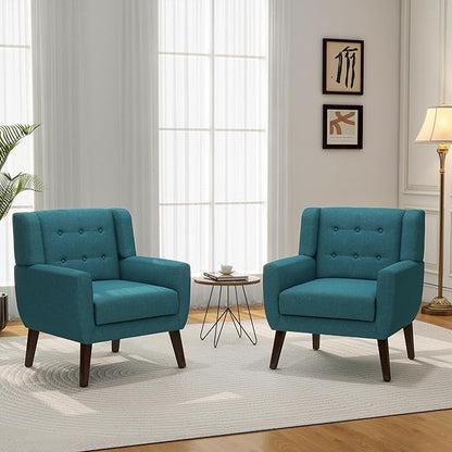 Accent Chair, Mid-Century Modern Fabric Chairs with Arms for Living Room, Comfy Upholstered Club Single Sofa Armchair for Bedroom Waiting Room with Solid Wood Frame (Fabric Turquoise, Set of 1)