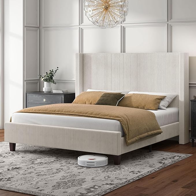 HOWE California King Size Upholstered Platform Bed Frame, Wingback Bed with 50.8" Headboard, Corduroy/Solid Wood Leg/No Box Spring Needed/Noise Free Sturdy Structure/Cream