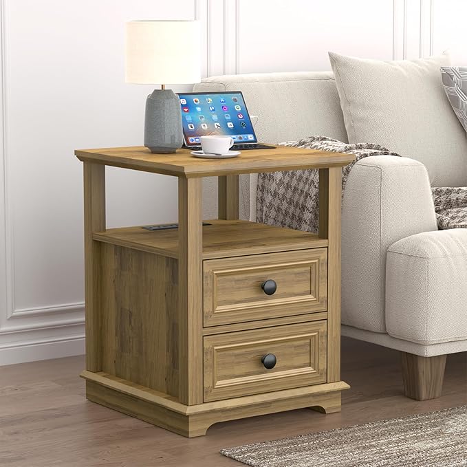 End Table with Fast USB C Charging Station, 18" Wide Sofa Side Table with 2 Drawers, Large Storage Rustic Wood Square Storage Cabinet for Living Room,Bedroom,Office, Light Brown