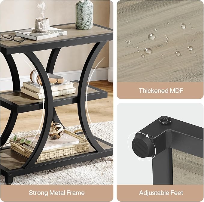 Tribesigns End Table with Storage, 3-Tier Side Table with Geometric Metal Design, Industrial Nightstand for Small Spaces, Living Room, Bedroom, Study Room (1, Grey)