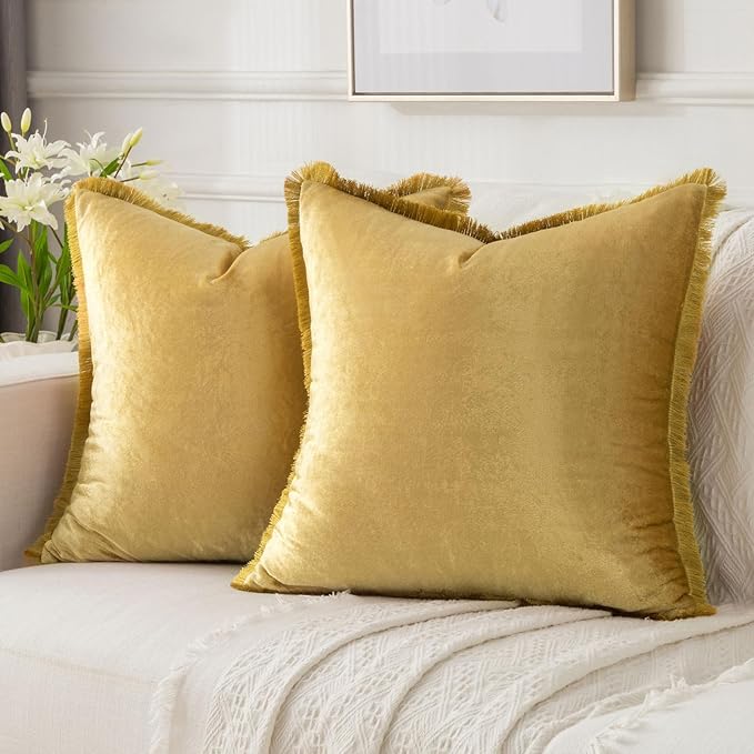 FUTEI Christmas Gold Velvet Decorative Throw Pillow Covers 18x18 Set of 2,Soft Cozy Edge with Tassels Cushion Case,Boho Modern Home Decor for Couch Bed Living Room