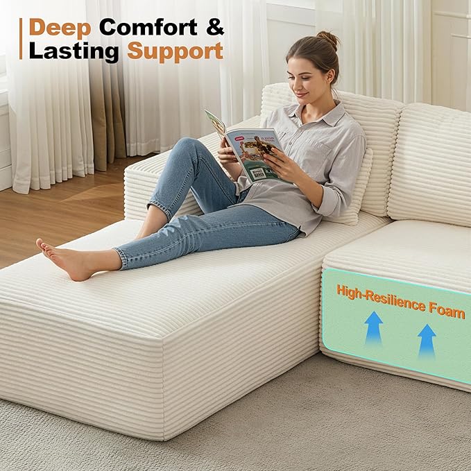 Modular Sectional Cloud Couch for Living Room,Modern Boneless Couche Set with Plush Corduroy,Comfy Floor Sofa with Memory Foam,Stupendous U Shaped Sofa,No Assembly Required,Beige