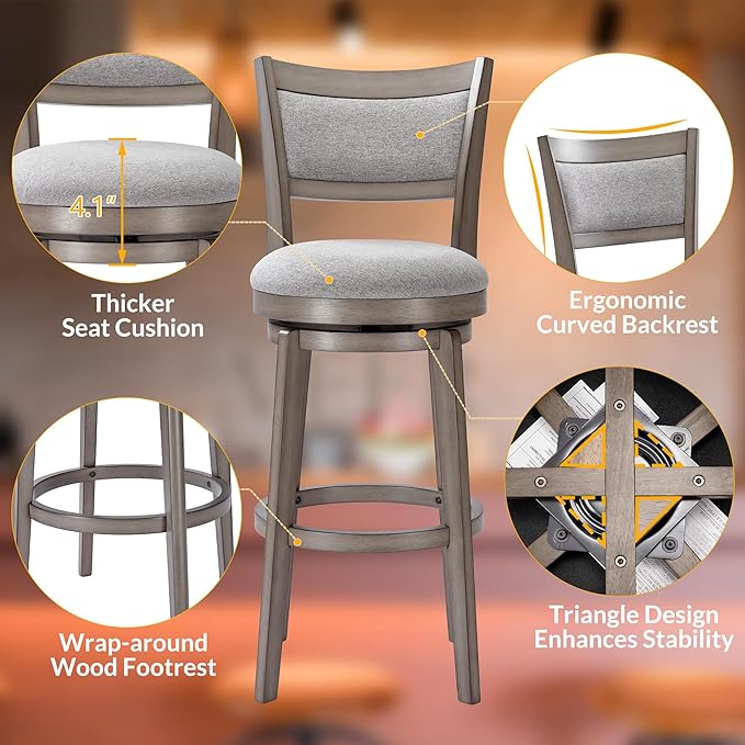 PrimeZone Swivel Bar Stools Set of 4, 30 Inch Bar Height Barstools, High Back Bar Stool with Solid Wood Legs & Wrap-Around Footrest, Counter Stools for Kitchen Island, Pub & Cafe, Grey