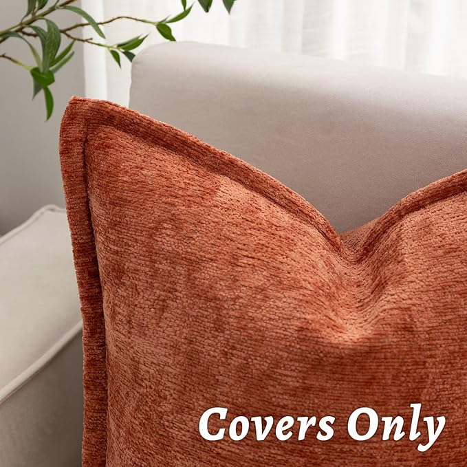 Burnt Orange Fall Decorative Throw Pillow Covers 20x20 Inch Set of 2 Cozy Soild Chenille Cushion Cases Soft Textured Square Couch Pillows Cover Boho Accent Farmhouse Pillowcases for Bed