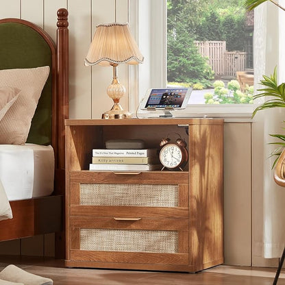 LEYAOYAO Rattan Night Stand with Charger Station, 23" Wide Boho Nightstand with 2 Drawers, Natural Wood Bedside Table Open Storage Cabinet, Bed Side End Tables Dresser for Bedroom, Living Room Hallway