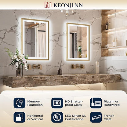 Keonjinn Gold LED Bathroom Mirror 40 x 24 Inch with Frontlit & Backlit, Lighted Mirrors Metal Framed for Wall, Stepless 3 Colors Lights, Anti Fog, Tempered Glass, Brighter and No Dark Corner