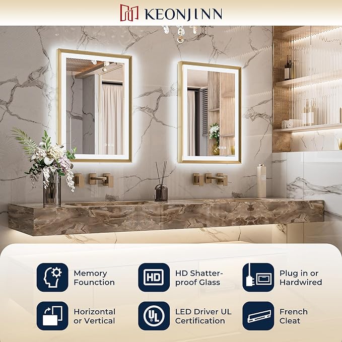 Keonjinn 72 x 36 Inch Bathroom Mirror with Frontlit & Backlit, Gold Metal Framed Beveled Edge Mirror, Large LED Mirror with Anti Fog for Wall, Stepless 3-Color Temperatures, UL-Listed Driver