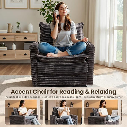 130" Modular Sofa with Swivel Chair & Ottoman, Modern Cloud Sectional Couch Plush Corduroy 5 Seater Deep Seat Sofas Set & Accent Armchair for Living Room, Gray