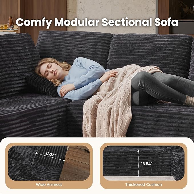 Cloud Sectional Couch with Loveseat, Boneless U-Shaped Cloud Couch with Deep Seat, Soft Plush Modern Minimalist Sofa, Assembly Free Modular Floor Sofa for Office Living Room Apartment, Black