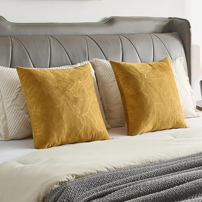 FUTEI Golden Yellow Velvet Throw Pillow Covers 18x18 Inch Set of 2,Soft Embossed Leaf-Relief Textured Cushion Cases,Natural Home Decor for Couch Living Room