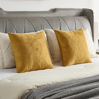 FUTEI Golden Yellow Velvet Throw Pillow Covers 26x26 Inch Set of 2,Soft Embossed Leaf-Relief Textured Euro Pillow Shams,Natural Home Decor for Couch Living Room