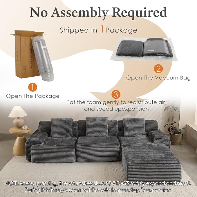 VK·LIVING 113" Cloud Sectional Couch, 61.6" Deep Seat Boneless Modular Sofa with Wide Armrests, Plush Corduroy Memory Foam Couch for Living Room, No Assembly, Dark Gray