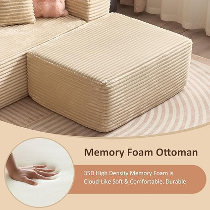37.1" Ottoman for Couch, Plush Corduroy Memory Foam Ottoman Cloud Boneless Sectional Couch for Living Room Foot Stools No Assembly Require, Plush Corduroy,Beige