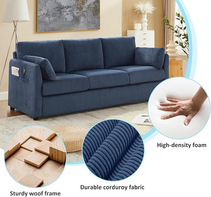 79" 3 Seater Couches for Living Room, Modern Corduroy Sofa with 2 Pillows and Storage Pockets, Comfy Small Couches for Apartment, Small Spaces, Home Office, Navy Blue