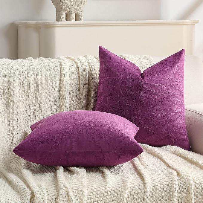 FUTEI Purple Velvet Throw Pillow Covers 18x18 Inch Set of 2,Soft Embossed Leaf-Relief Textured Cushion Cases,Natural Home Decor for Couch Living Room