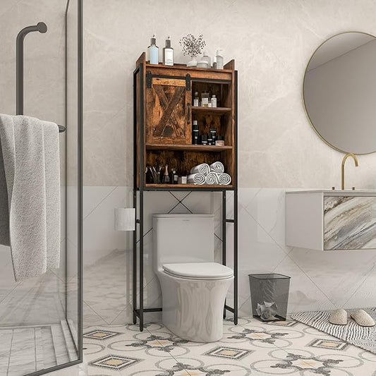 LOKO Over The Toilet Storage Cabinet, Freestanding Bathroom Space Saver with Adjustable Shelves & Sliding Barn Door, 4-Tier Over Toilet Bathroom Organizer, 25 x 9.5 x 67.5 inches (Rustic Brown)