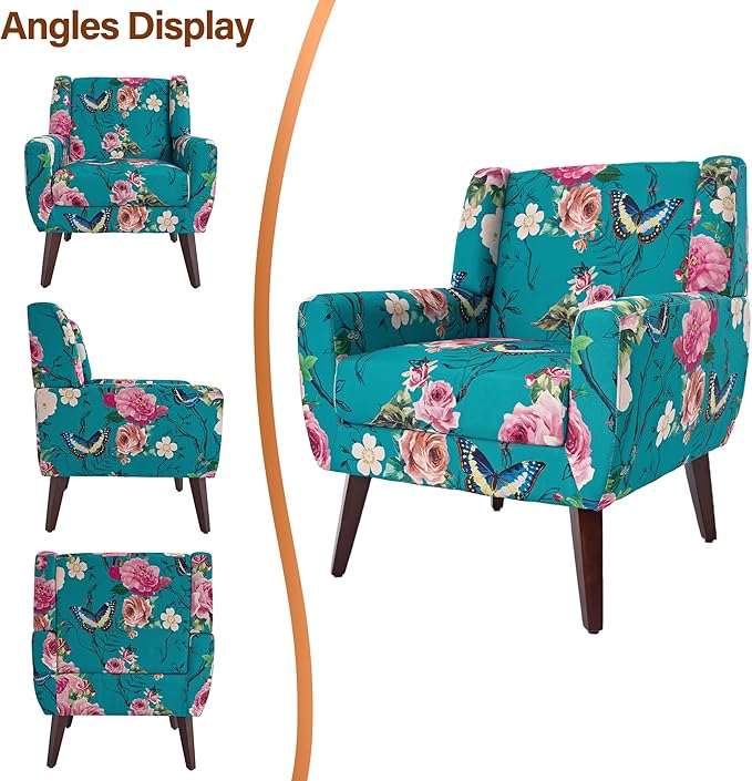 Accent Chair, Modern Fabric Armchair for Living Room, Comfy Upholstered Arm Chair Tufted for Indoor Bedroom Office Room (Pattern Blue)