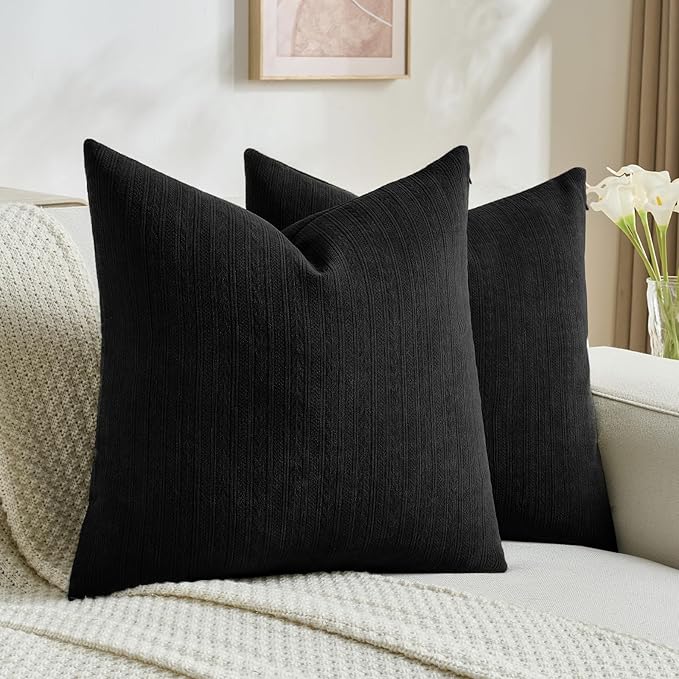 FUTEI Black Decorative Throw Pillow Covers 20x20 Inch Set of 2,Soft Cozy Wheat Ear Striped Patterns Cushion Cases,Modern Home Decor for Couch Bed Living Room