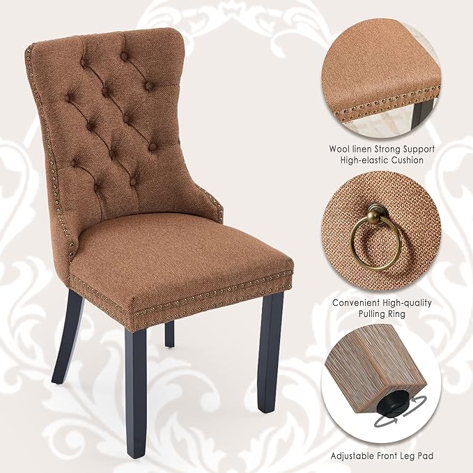 Linen Upholstered Dining Chairs Set of 2, Modern Style Kitchen Side Chairs with Nailhead Trim and Wood Leg, Metal Pulling Ring for Dining Room Living Room(Coffee,Set of 2)