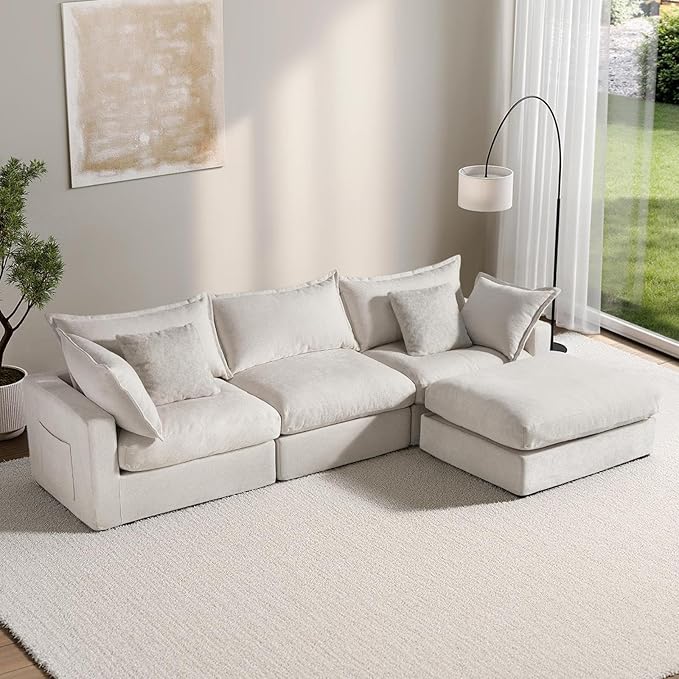 118.5" Down Filled Cloud Couch, Chenille Modular Sectional Sofa with Storage Ottoman, 3-Seater L Shape Sofa with Throw Pillows, Mordern Sectional Couches for Living Room, Beige