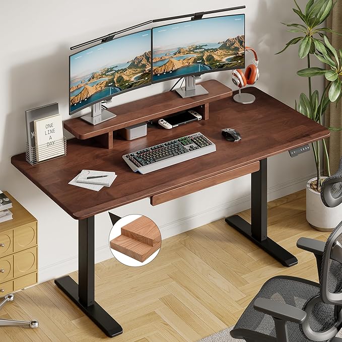 ONBRILL Standing Desk with Drawer, 47x23.6 Inches Solid Wood Desktop Stand Up Desk with Whole-Piece Board and Storage Shelf, Adjustable Height from 28-46 Inches for Home & Office, Black Walnut