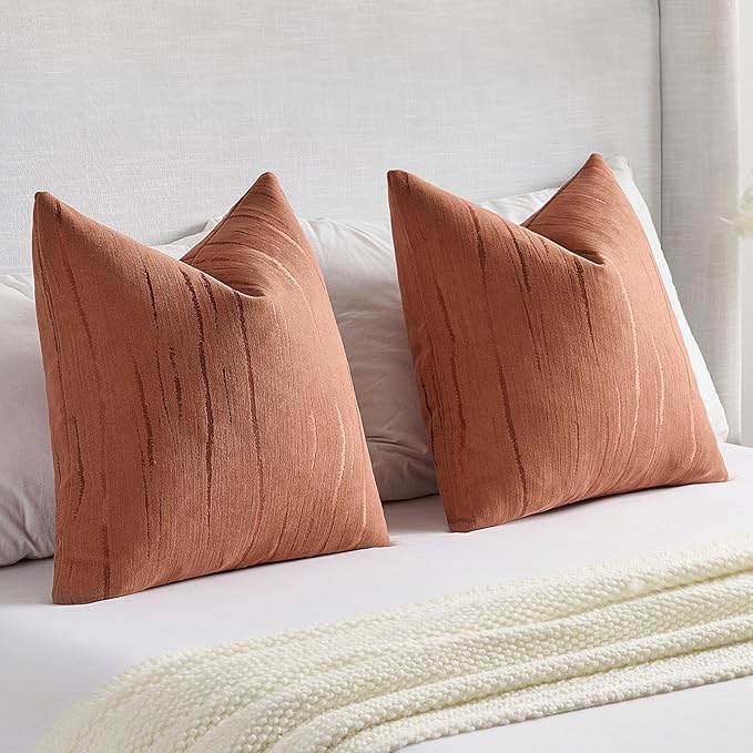 FUTEI Rust Chenille Decorative Throw Pillow Covers 18x18 Inch Set of 2,Soft Embossed Striped Textured Cushion Case,Modern Home Decor for Couch Bed Living Room