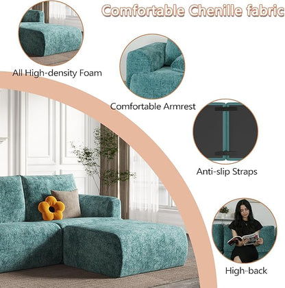 EASE MOOSE Sectional Cloud Couch Oversized for Living Room,7-Seat Modular Boneless Sofa U-Shaped Sofa with Ottoman, No-Assembly Chenille Couch, Blue