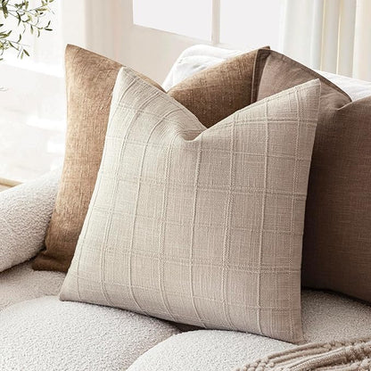 Foindtower Set of 2 Decorative Linen Check Throw Pillow Covers Neutral Farmhouse Vintage Cushion Covers Modern Boho Home Decor for Sofa Chair Couch Bedroom Living Room,16×16 Inch,Natural Linen