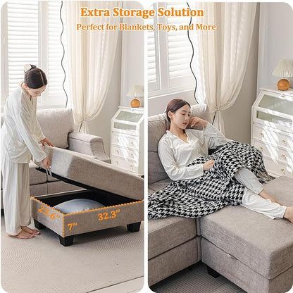 85" Sectional Couches with Storage Ottoman,L Shaped Couch with Armrest Organizer,3-Seater Sofa,Small Couch for Living Room,Apartment,Sofa Set with Oversized Chair,Chenille,Khaki