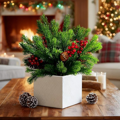 8PCS Artificial Pine Branches with Red Berry Pine Cones Artificial Needles Branches Greenery Stems Fake Greenery Floral Arrangements