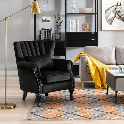 Accent Reading Arm Chairs Midcentury Modern Comfy Corner Sofa Chair, Wingback Waiting Room Club Chair with Tufted Back for Living Room/Bedroom/Reception Room, Velvet Black
