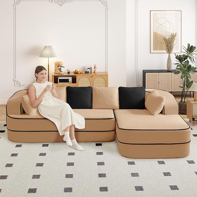 Cloud Sectional Sofa Modern Boneless Couch for Living Room, Comfy Deep Seat Comfy Teddy Fabric Double Sofa Chaise No Assembly Required (Camel, 106" L Shape with Right Facing)