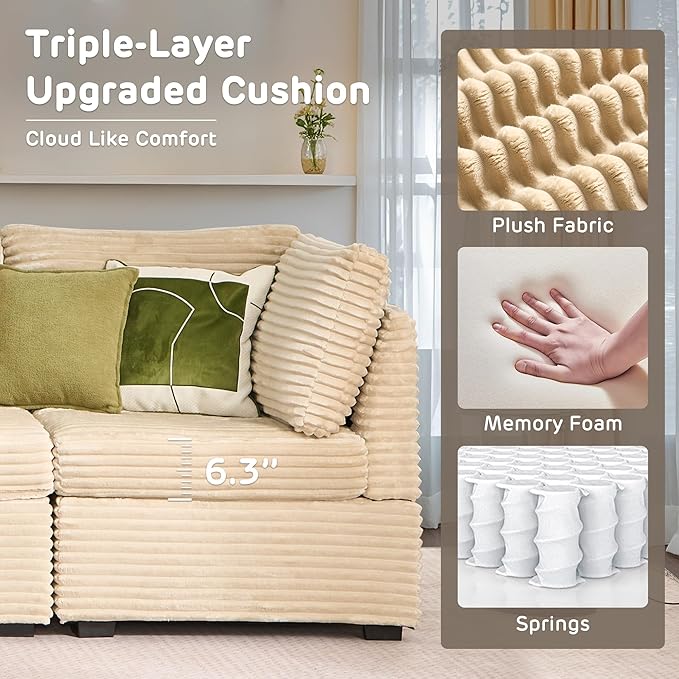 130'' Modern Modular Sectional Sofa with Ottoman, 7 Pieces L Shaped Cloud Couch for Living Room, Oversized Deep Seat Convertible Sofa Set, Plush Corduroy Beige