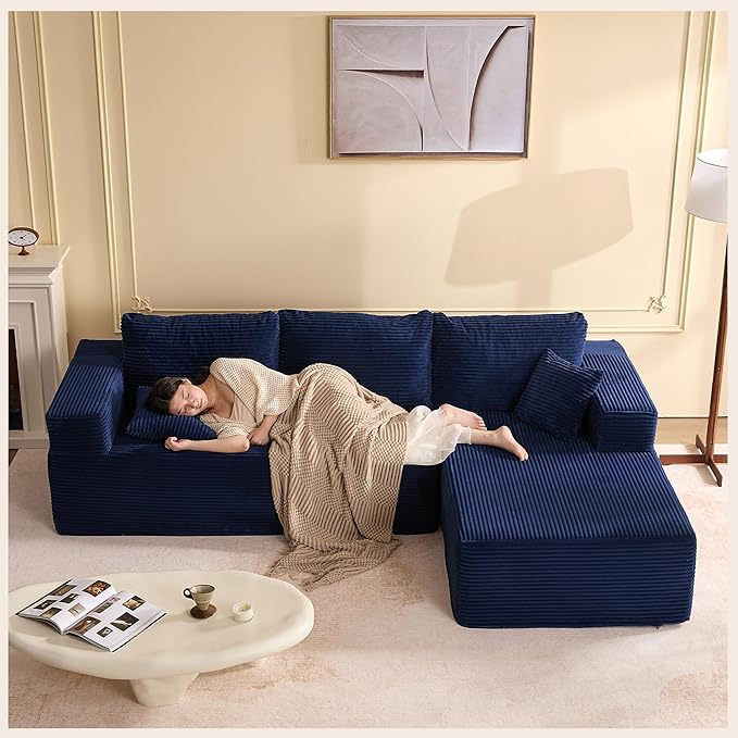 107" Boneless Couch with Deep Seat, Modular Sectional Sofa, Cloud Sectional Couch for Living Room, No Assembly Required, Corduroy, L-Shape Right，Blue