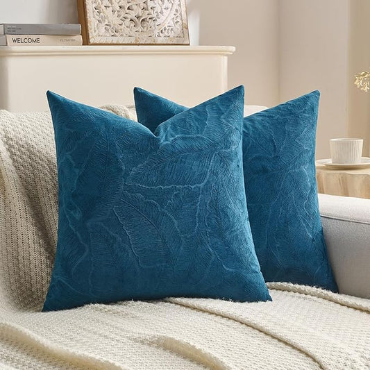 FUTEI Navy Blue Velvet Throw Pillow Covers 26x26 Inch Set of 2,Soft Embossed Leaf-Relief Textured Euro Pillow Shams,Natural Home Decor for Couch Living Room
