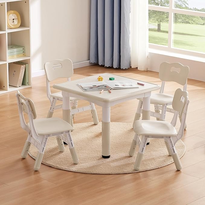 Kids Study Table and Chairs Set, Height Adjustable Toddler Table and Chair Set for Kids Ages 3-8, 23.6" L x 23.6" W Graffiti Desktop Plastic Children Art Table with 4 Seats, Burlywood