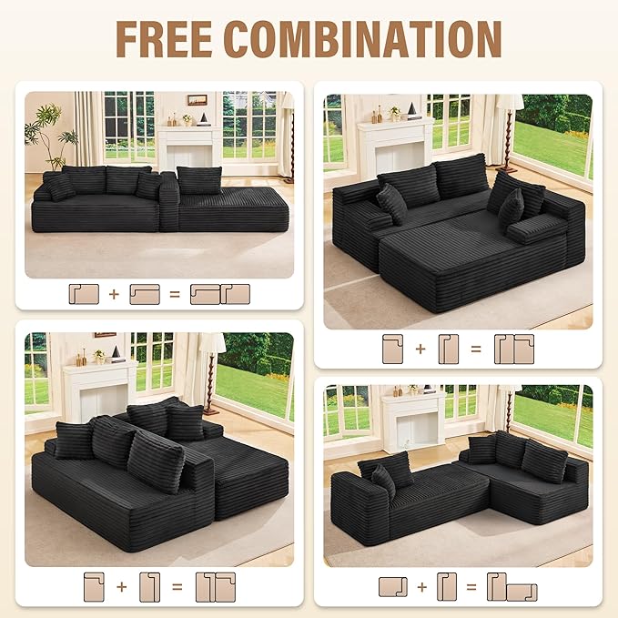 Hobestluk Modular Sectional Couch Sofa,96" Boneless Couches for Living Room, Memory Foam Sectional Couch with Oversized Chaise,L-Shape Couches (Black, Right Facing)
