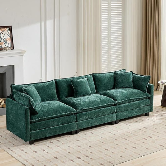 Aoowow Modular Sectional 3 Seater Cloud Sofa Couch for Living Room,113.8" Cloud Sofas with Deep Seat,Modern Chenille 3 Seat Sofas,Fluffy Cloud Couches for Bedroom,Apartment,Office (Green, 3 Seater)